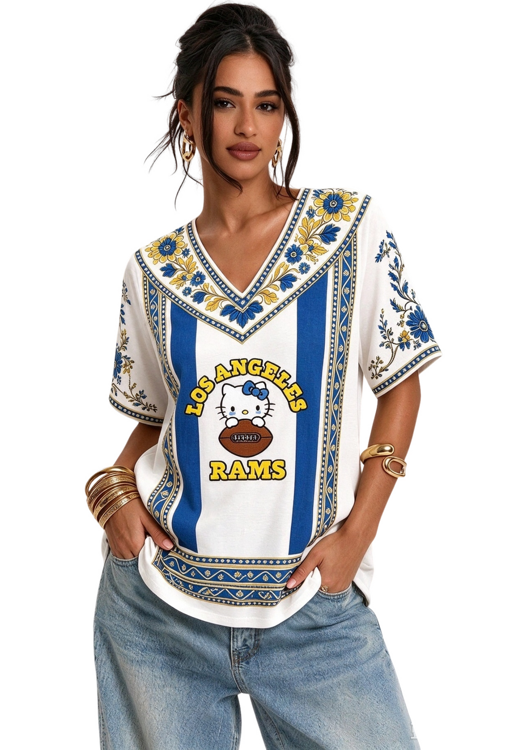 Women's Boho Floral Los Angeles Rams Hello Kitty Game Day V Neck Shirt