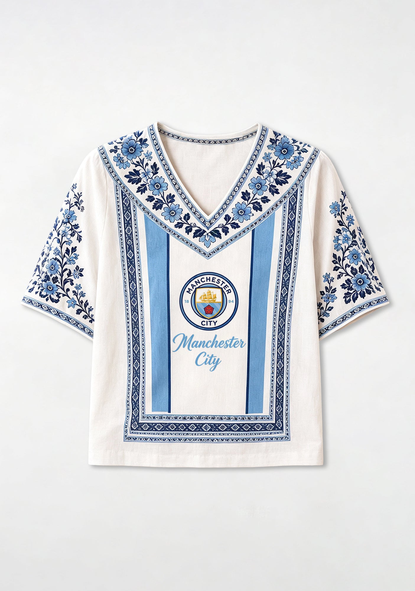 Boho Floral Border Manchester City V-Neck Blouse Secondary image