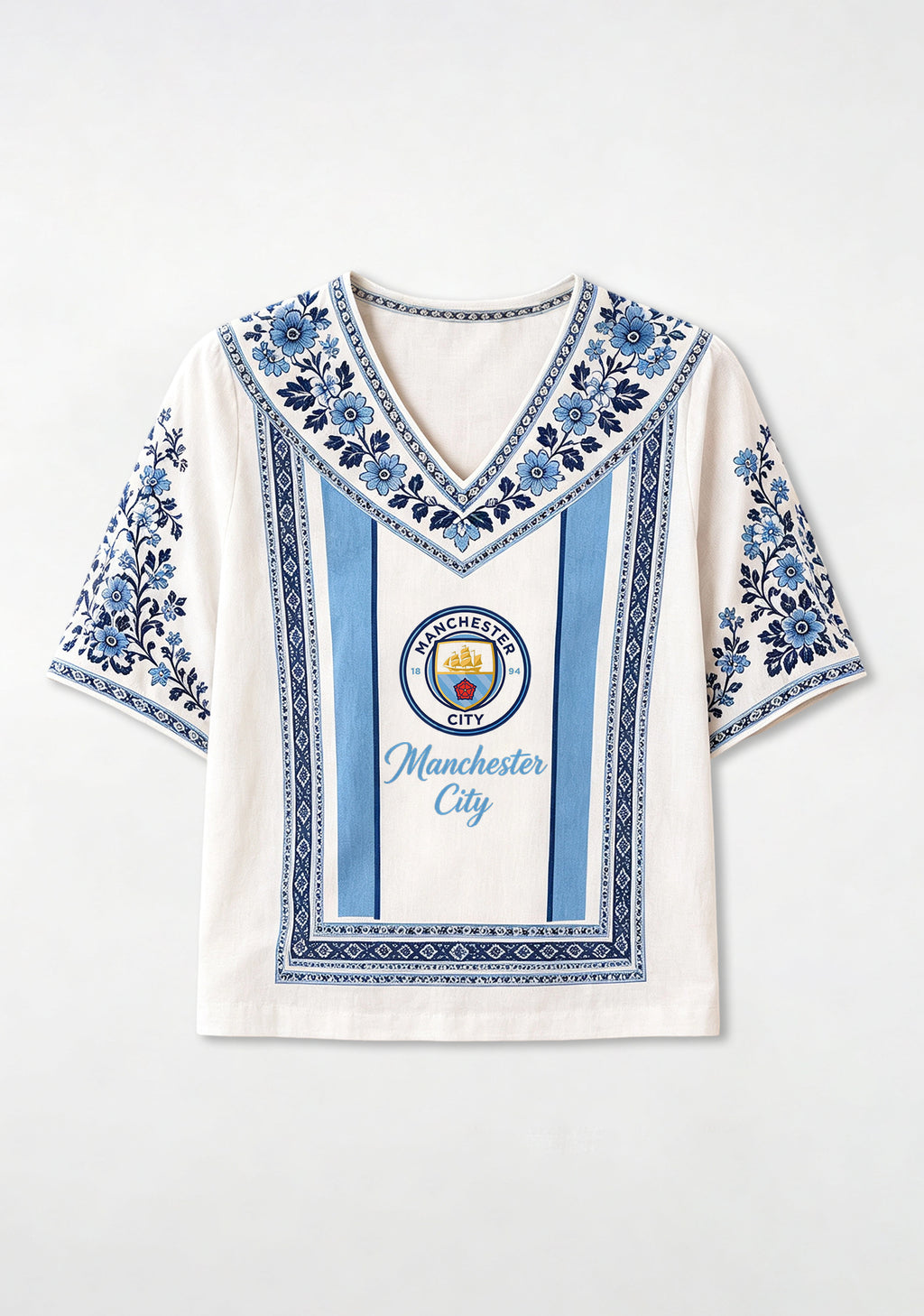 Boho Floral Border Manchester City V-Neck Blouse