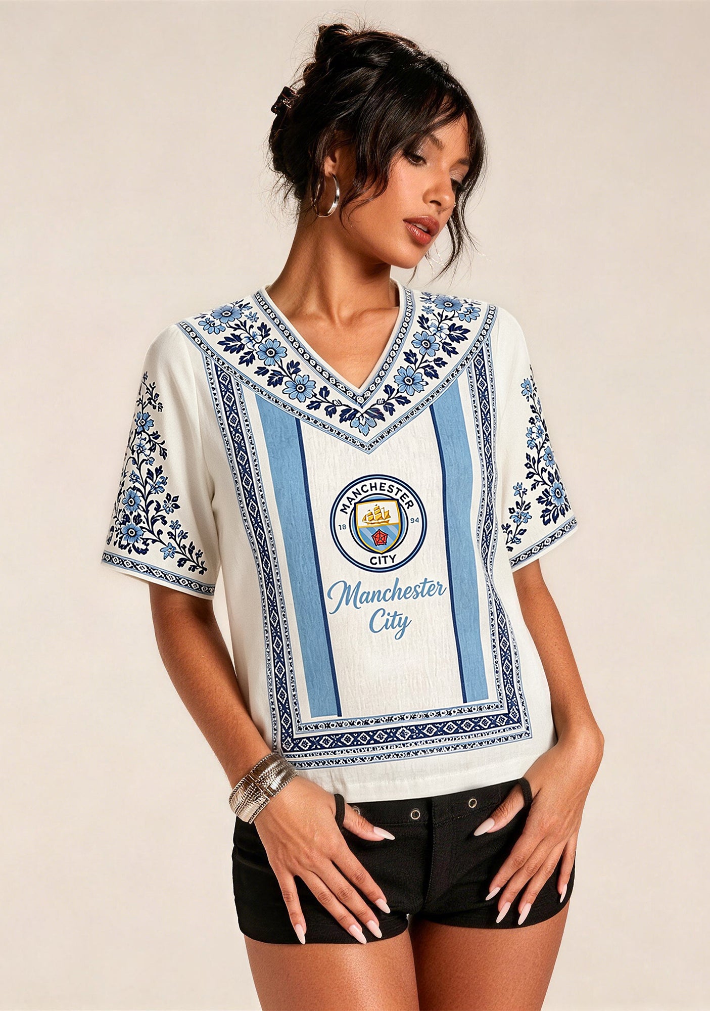 Boho Floral Border Manchester City V-Neck Blouse Main image