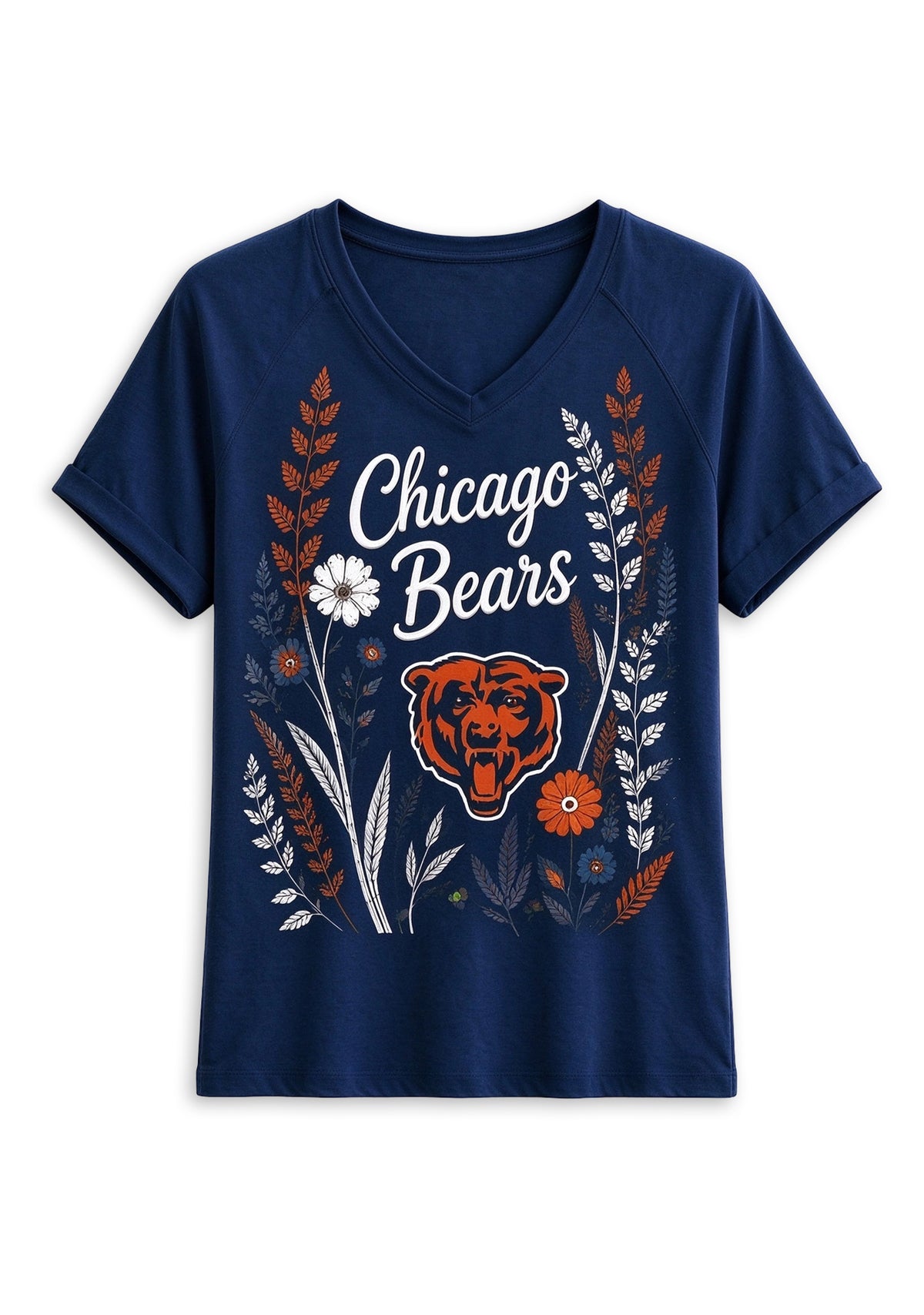 Women's Chicago Bears Wildflower Graphic V-Neck Raglan Rolled T-Shirt