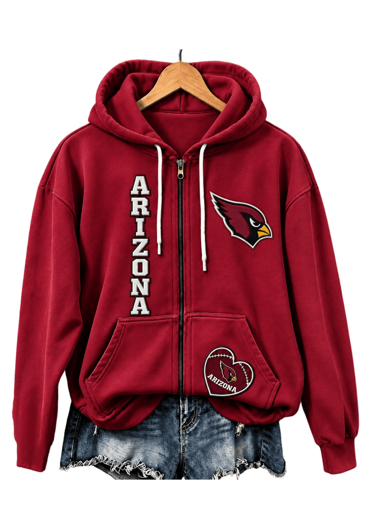 Arizona Cardinals Women Heart Football Graphic Zip Up Hoodie
