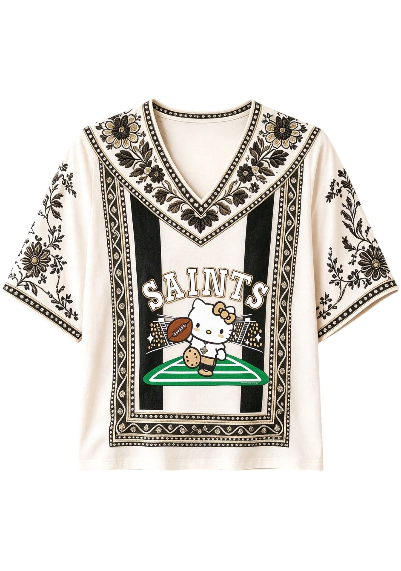 Women's Boho Floral New Orleans Saints Hello Kitty Game Day V Neck Shirt Secondary image