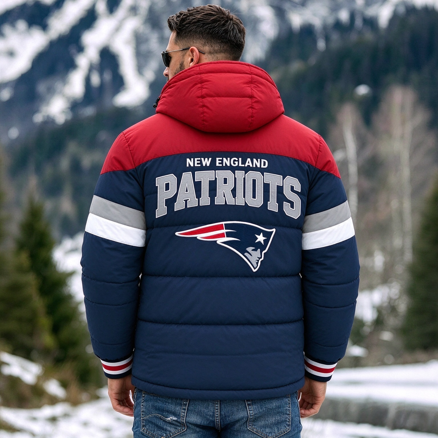 New England Patriots Hooded Color Block Puffer Jacket  Custom Name Gifts For Fan Secondary image