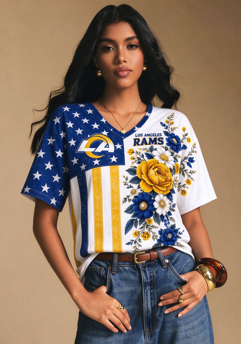 Women's Los Angeles Rams American Flag Floral V-Neck T-Shirt