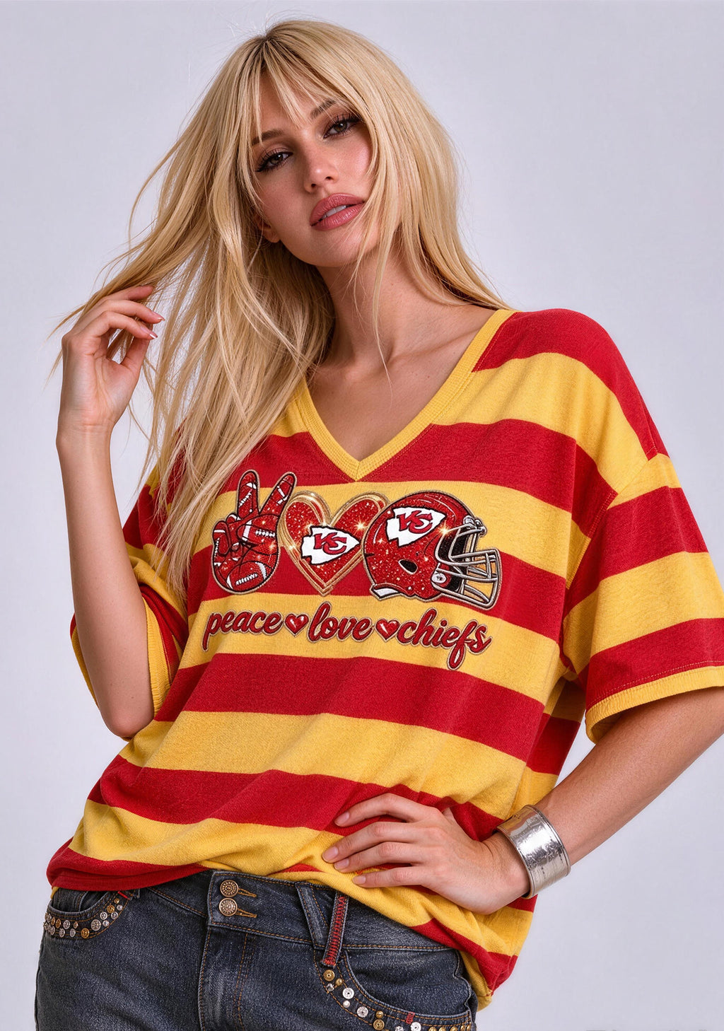 Women's Peace Love Kansas City Chiefs Football Striped V Neck T-Shirt