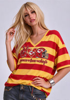 Women's Peace Love Kansas City Chiefs Football Striped V Neck T-Shirt