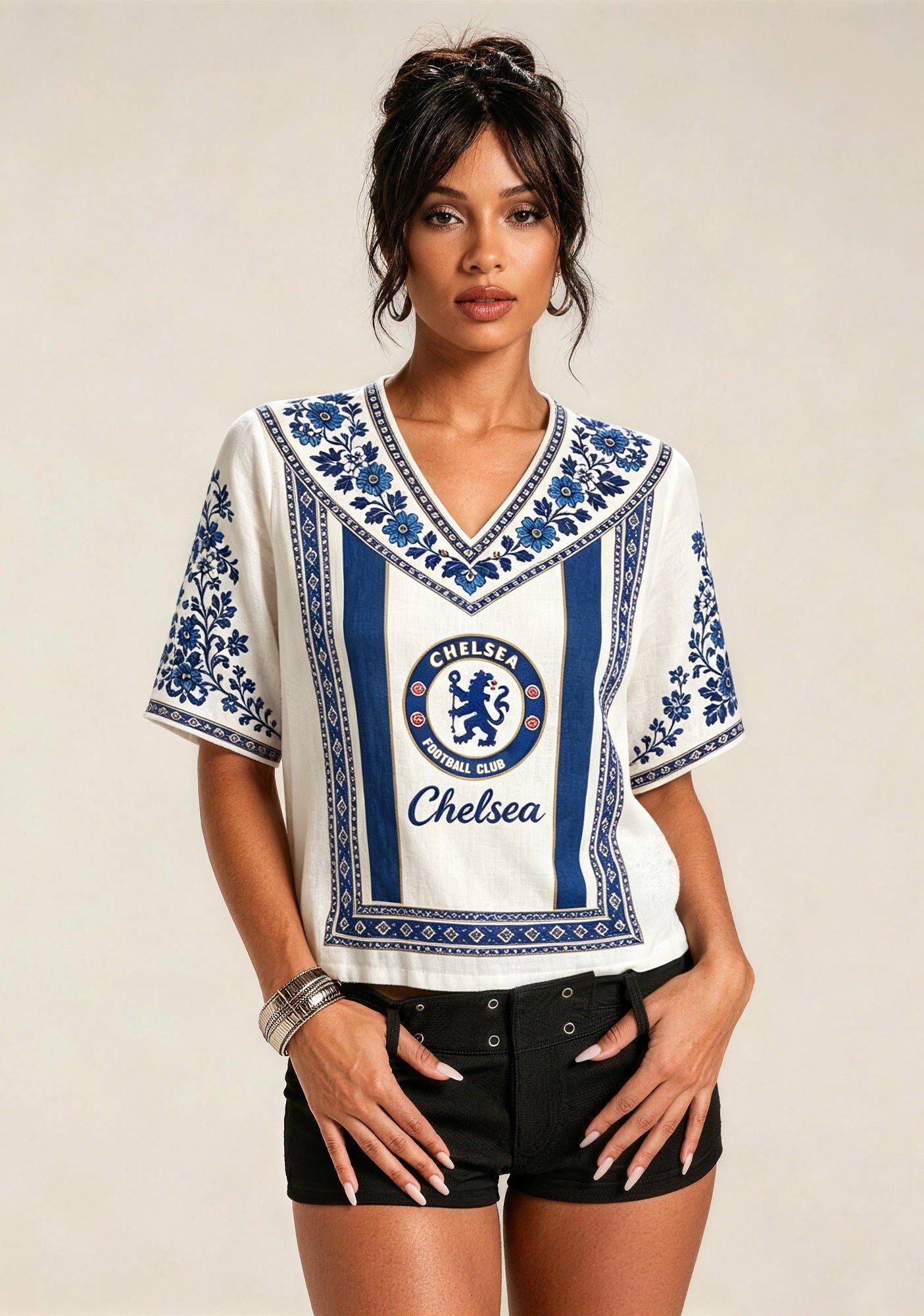 Boho Floral Border Chelsea V-Neck Blouse