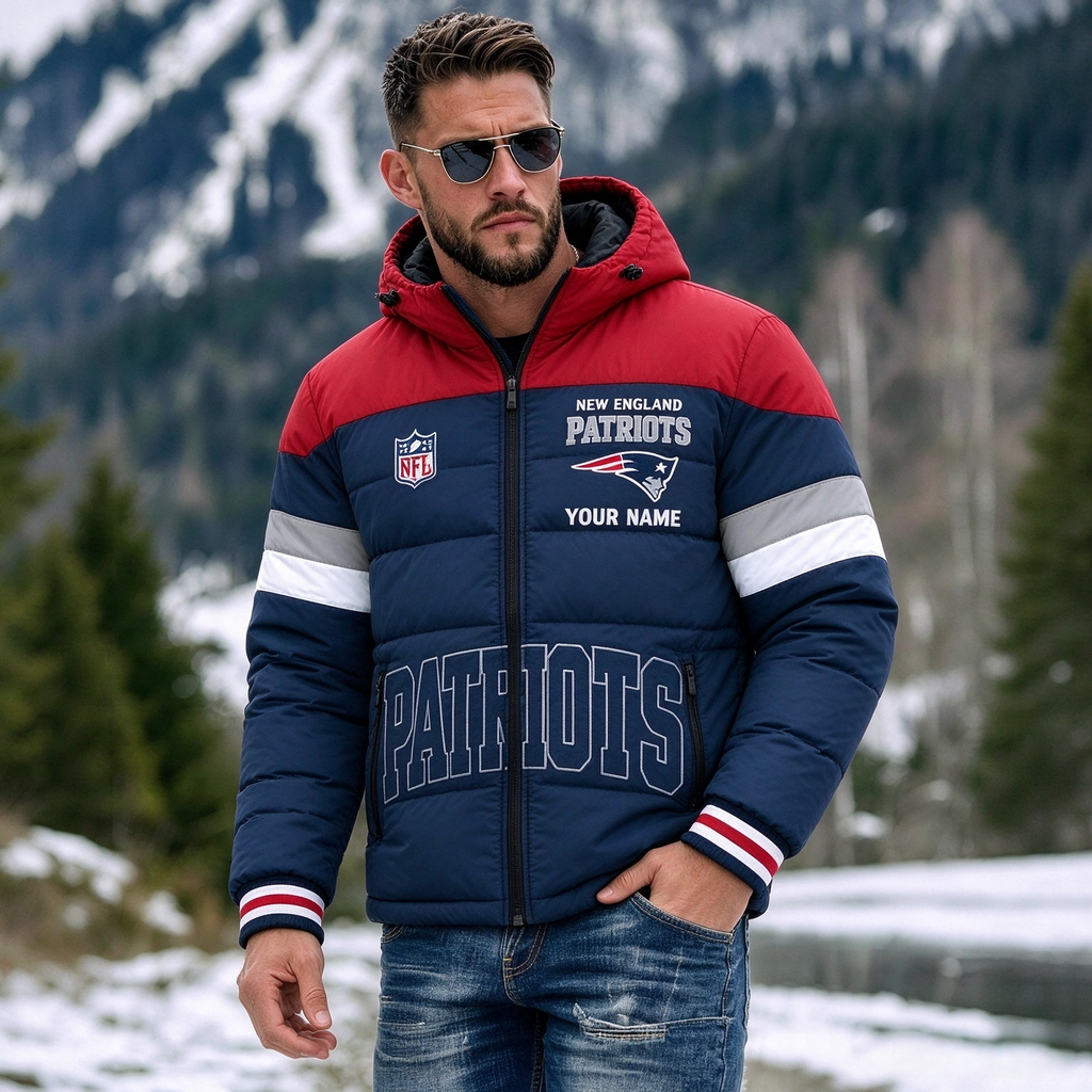New England Patriots Hooded Color Block Puffer Jacket  Custom Name Gifts For Fan