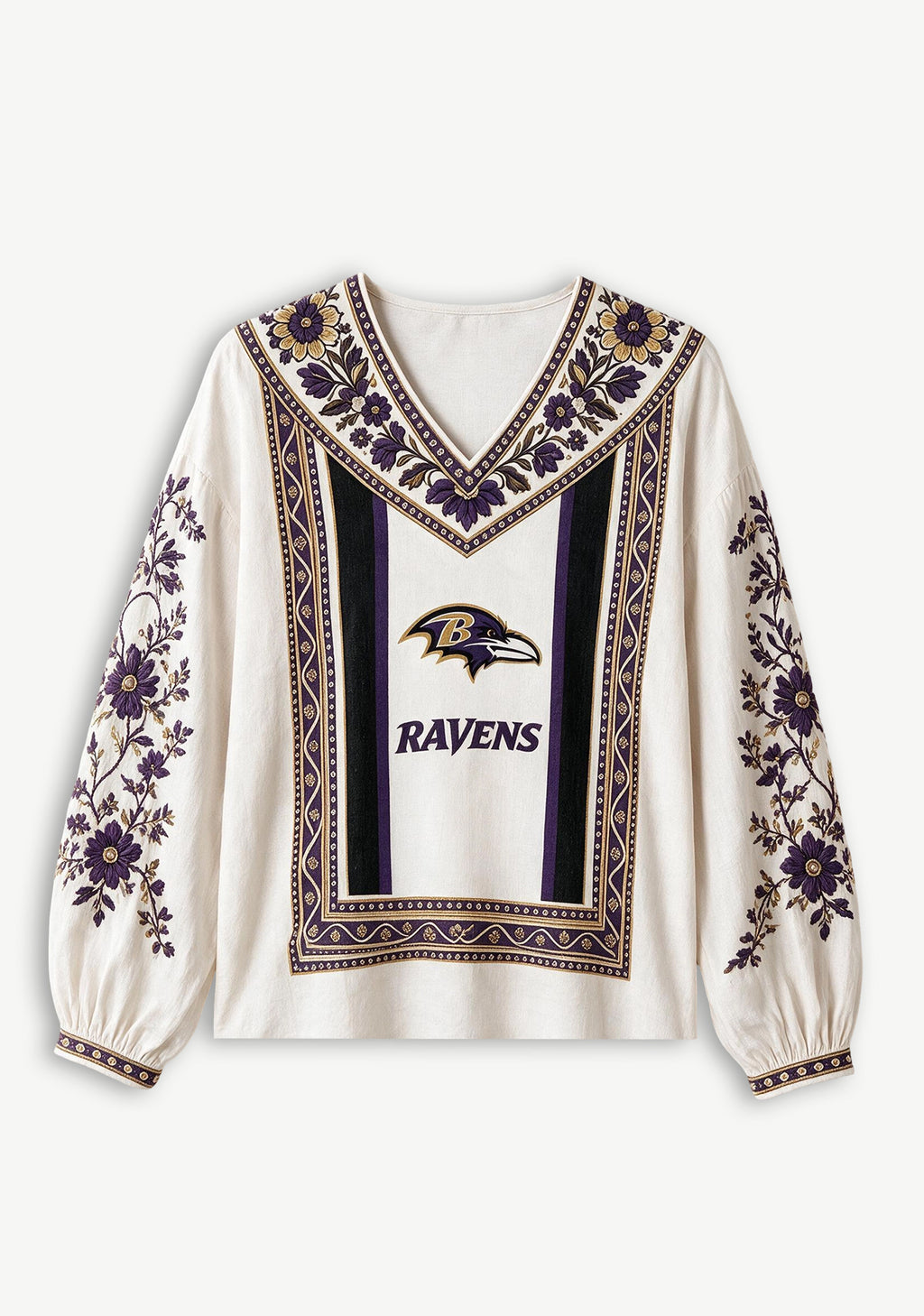 Baltimore Ravens Bohemian Floral Printed V-Neck Long Sleeve Shirt