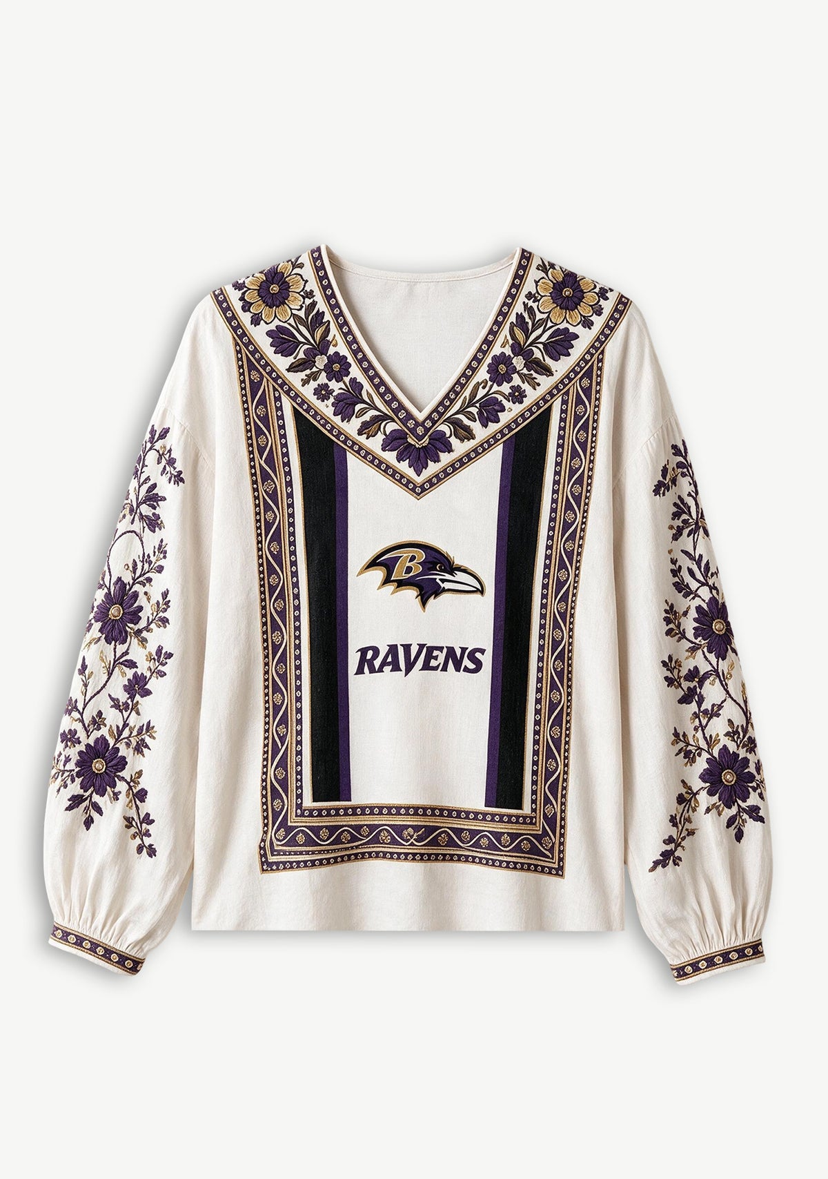 Baltimore Ravens Bohemian Floral Printed V-Neck Long Sleeve Shirt