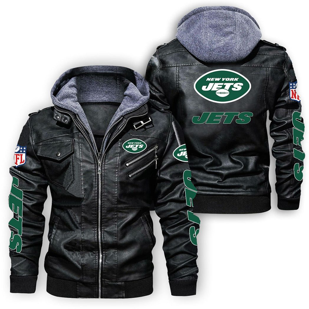 New York Jets Logo PU Faux Leather Hooded Jacket