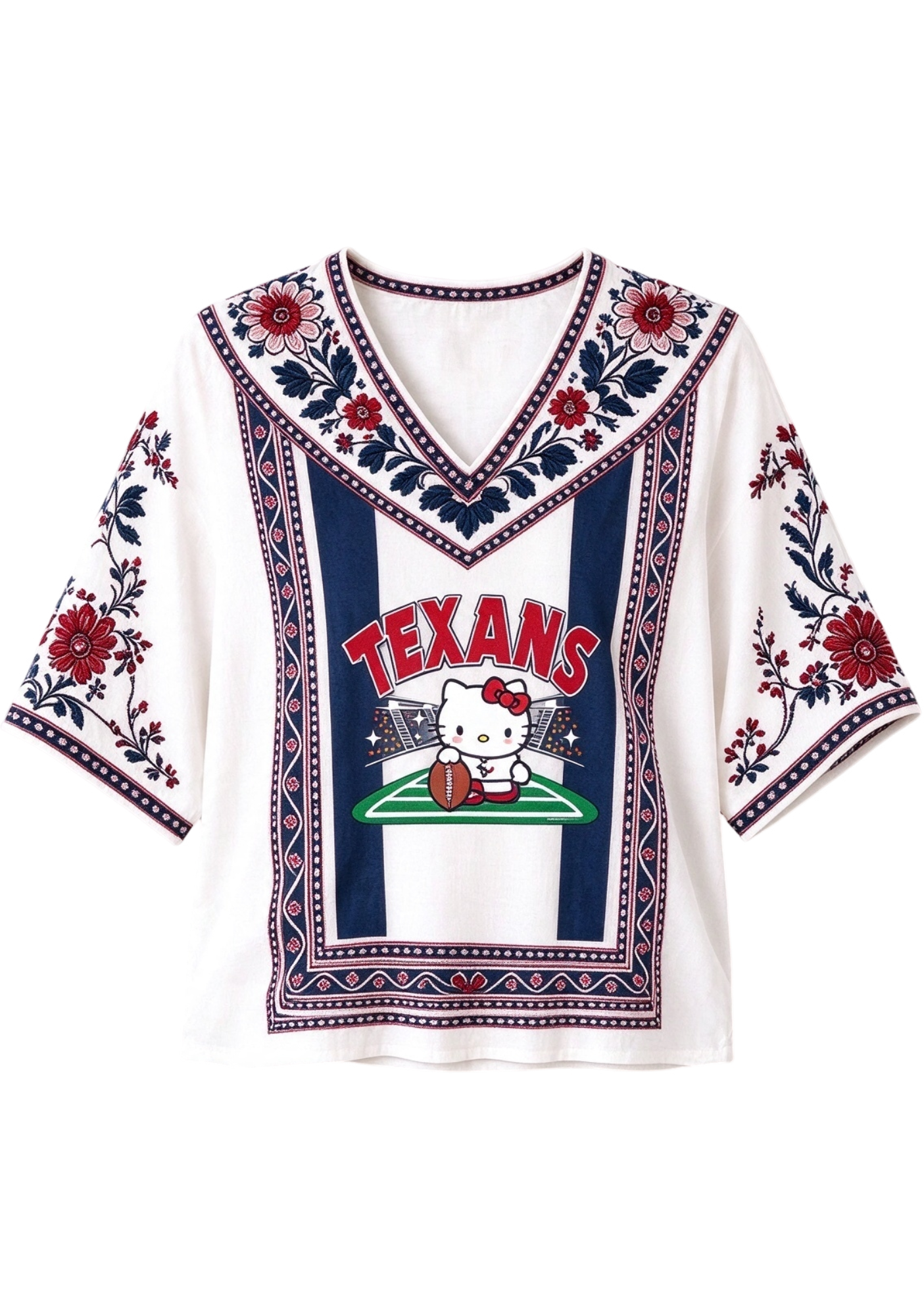 Women's Boho Floral Houston Texans Hello Kitty Game Day V Neck Shirt Secondary image