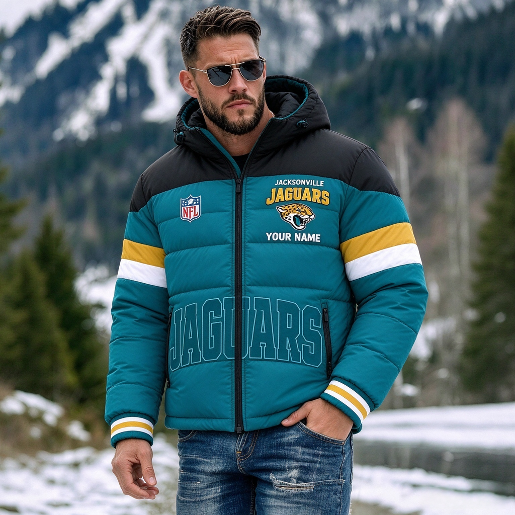 Jacksonville Jaguars Hooded Color Block Puffer Jacket  Custom Name Gifts For Fan