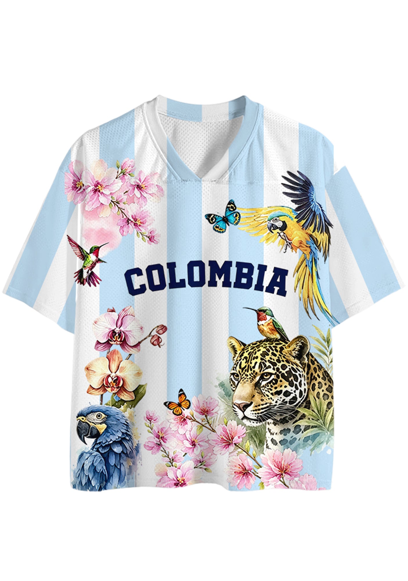 Colombia Tropical Jungle Wildlife Floral Striped Mesh Jersey Shirts Secondary image