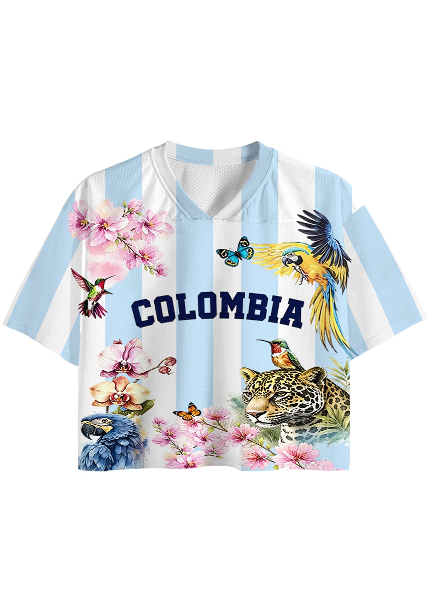 Colombia Tropical Jungle Wildlife Floral Striped Cropped Jersey Shirt Secondary image