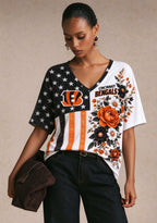 Women's Cincinnati Bengals American Flag Floral V-Neck T-Shirt