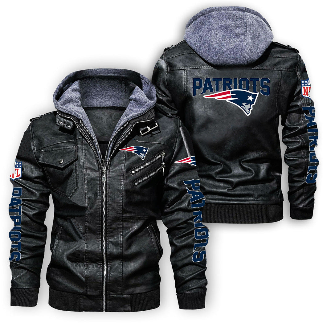 New England Patriots Graphic PU Faux Leather Hooded Jacket