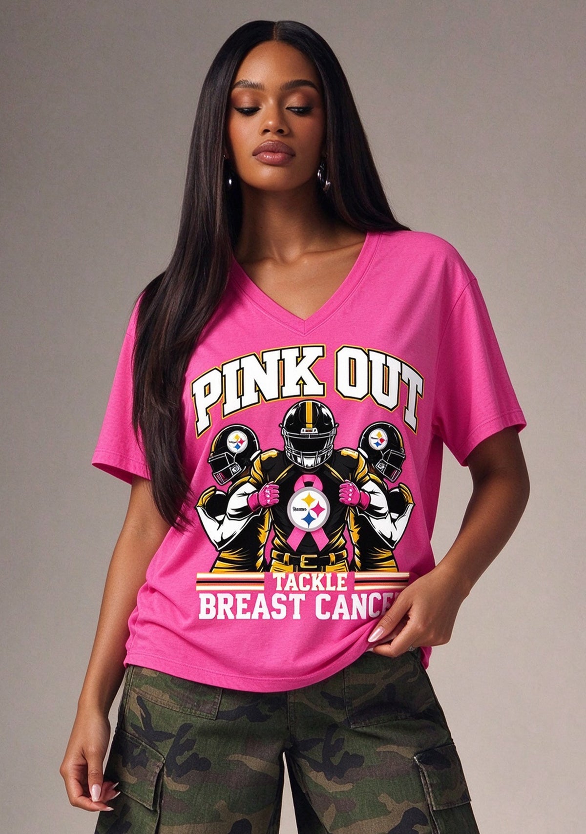 Pittsburgh Steelers Pink Out Tackle Breast Cancer Awareness V-Neck T-Shirt