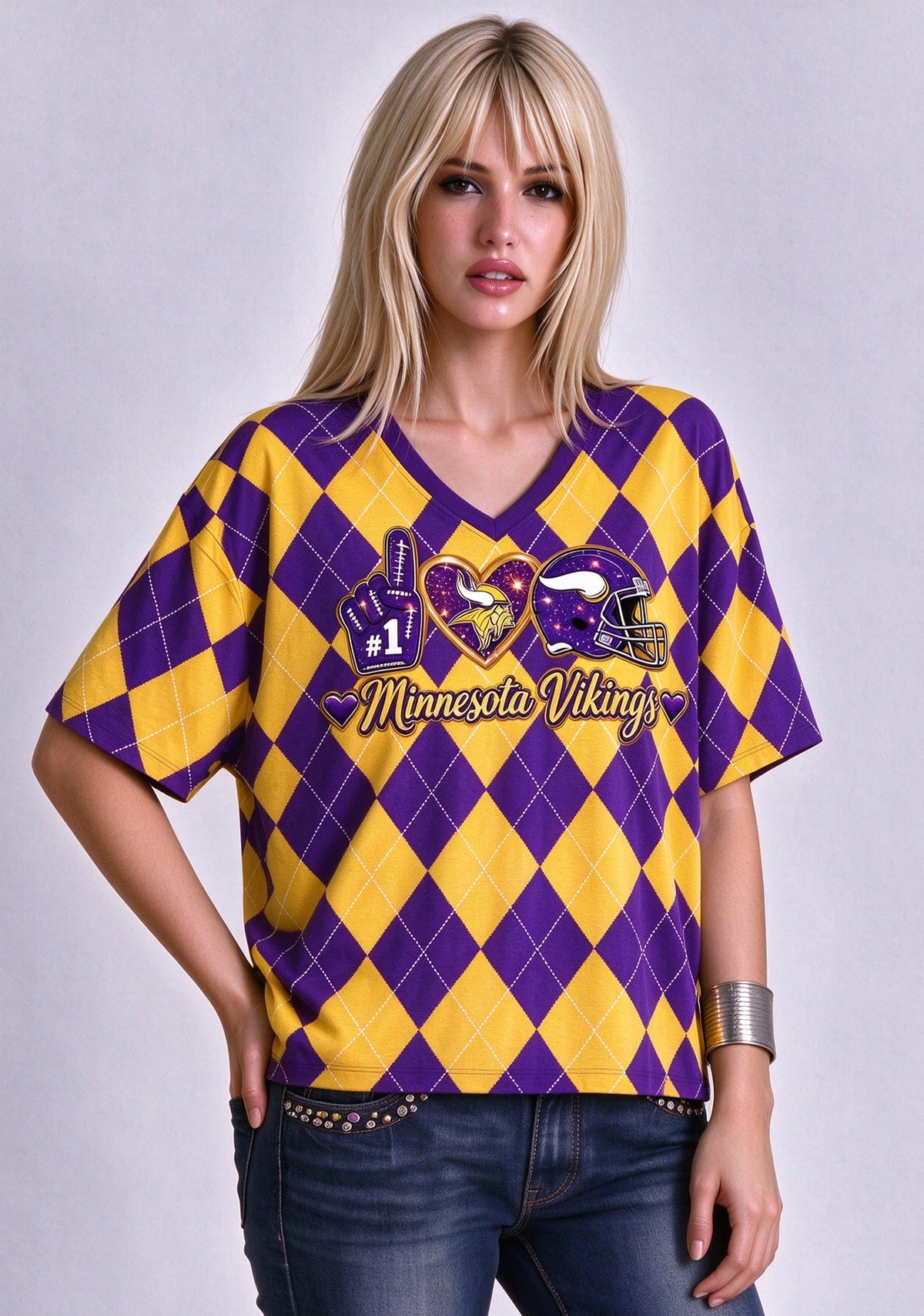 Women's Minnesota Vikings Argyle #1 Fan Heart Helmet V-Neck T-Shirt