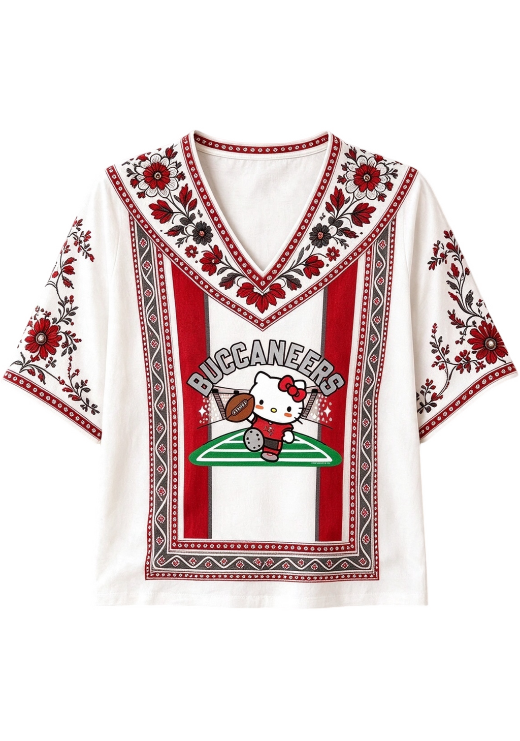 Women's Boho Floral Tampa Bay Buccaneers Hello Kitty Game Day V Neck Shirt