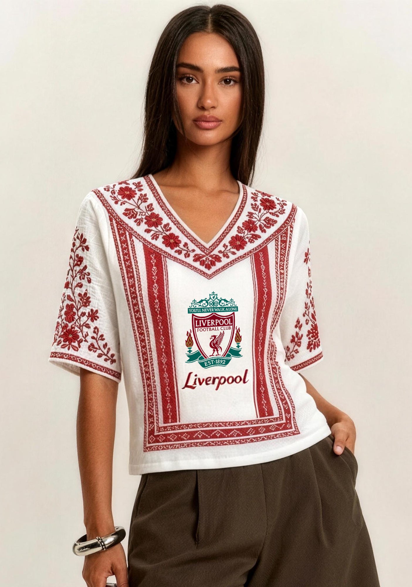 Boho Floral Border Liverpool V-Neck Blouse