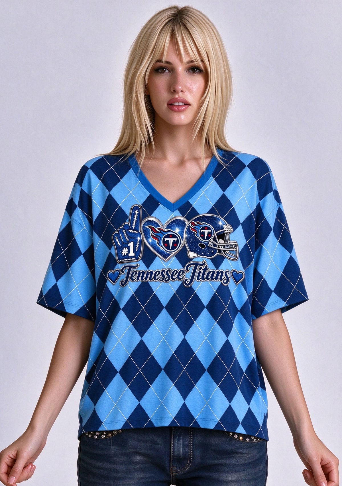 Women's Tennessee Titans Argyle #1 Fan Heart Helmet V-Neck T-Shirt Main image