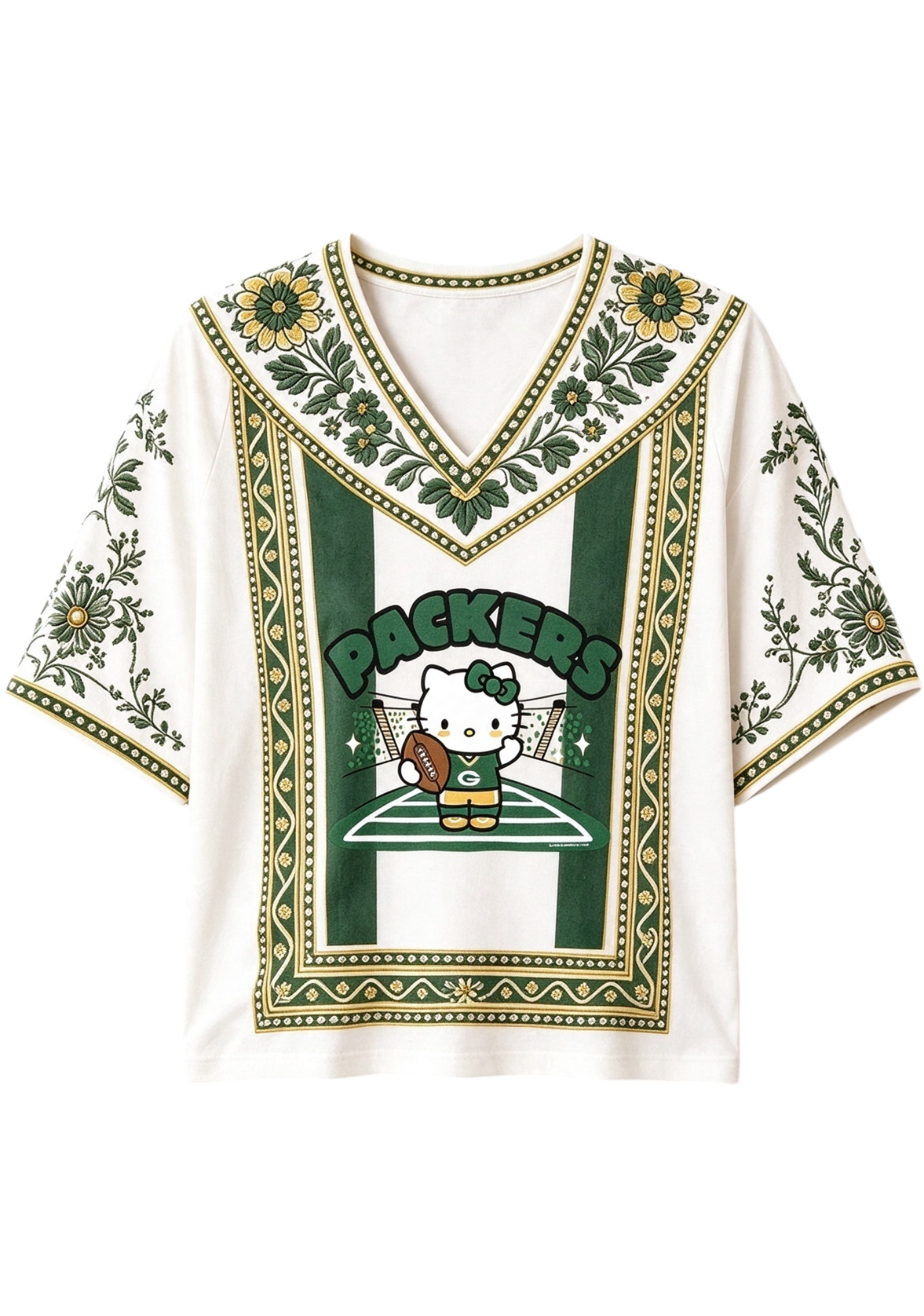 Women's Boho Floral Green Bay Packers Hello Kitty Game Day V Neck Shirt Secondary image