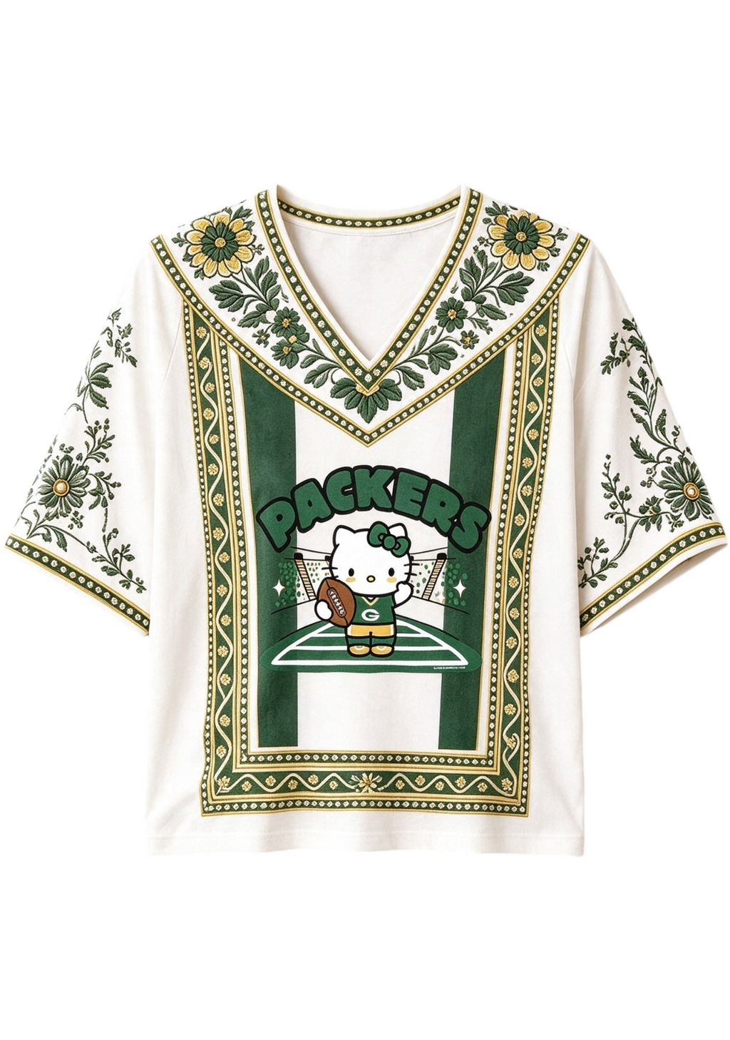 Women's Boho Floral Green Bay Packers Hello Kitty Game Day V Neck Shirt