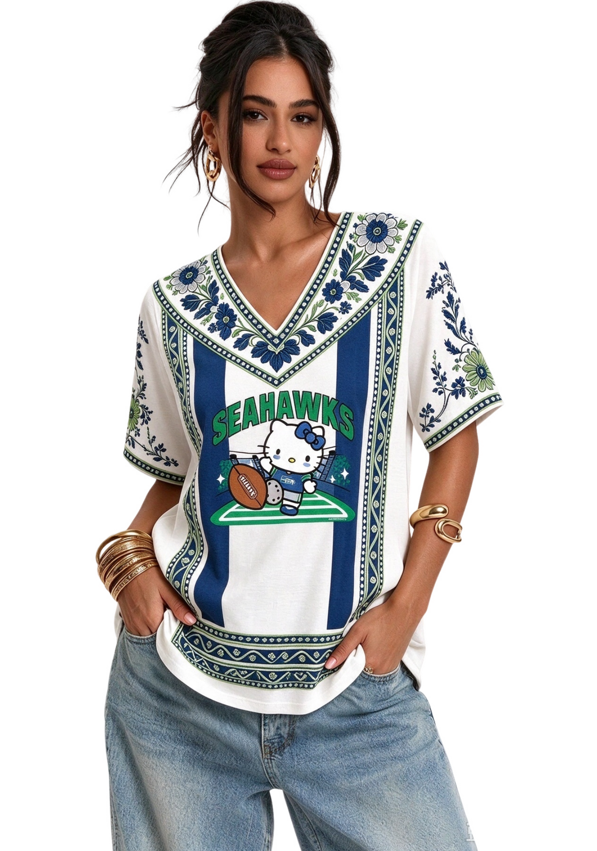 Women's Boho Floral Seattle Seahawks Hello Kitty Game Day V Neck Shirt