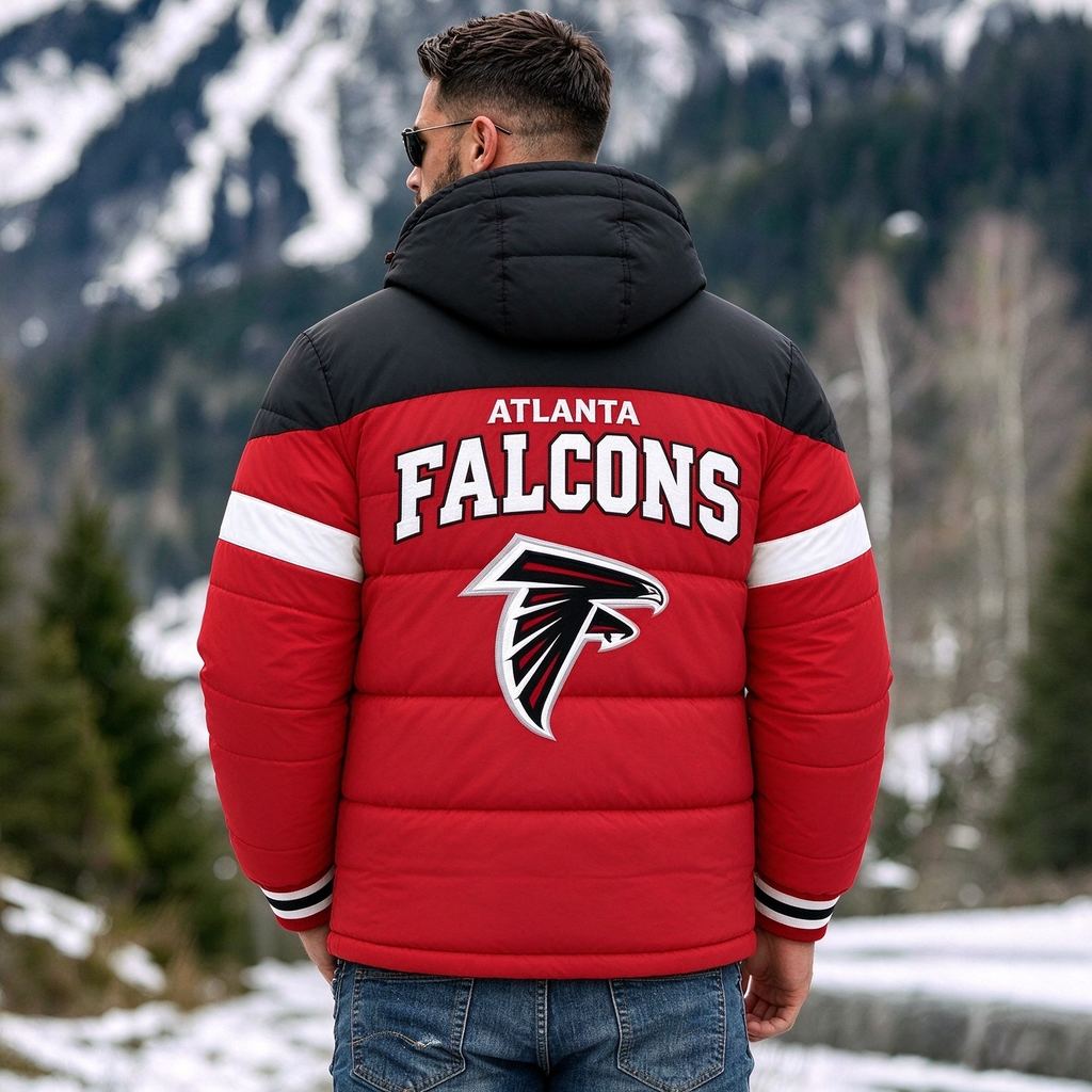 Atlanta Falcons Hooded Color Block Puffer Jacket  Custom Name Gifts For Fan