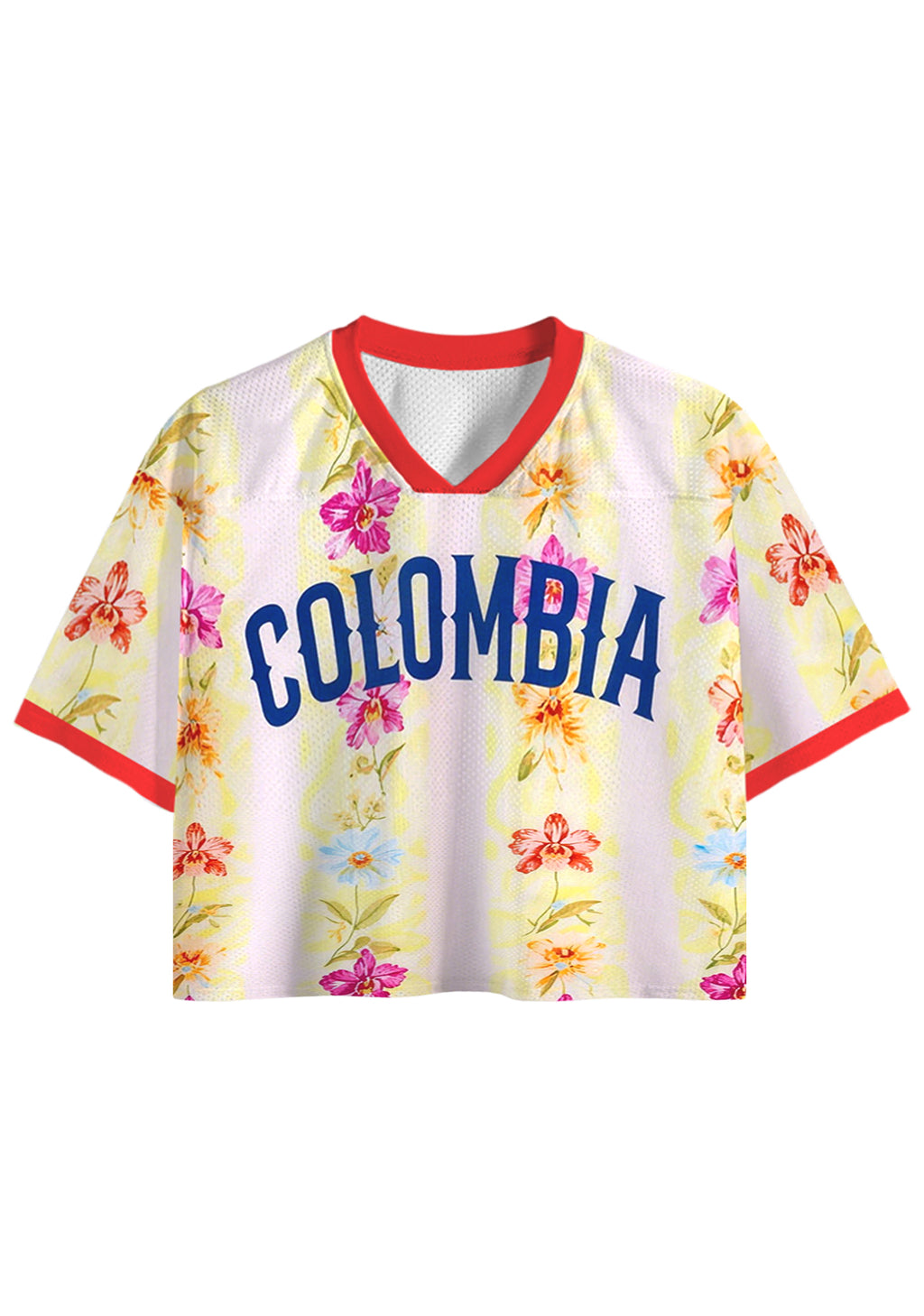 Vintage Floral Orchid Colombia Print Cropped Jersey Shirt