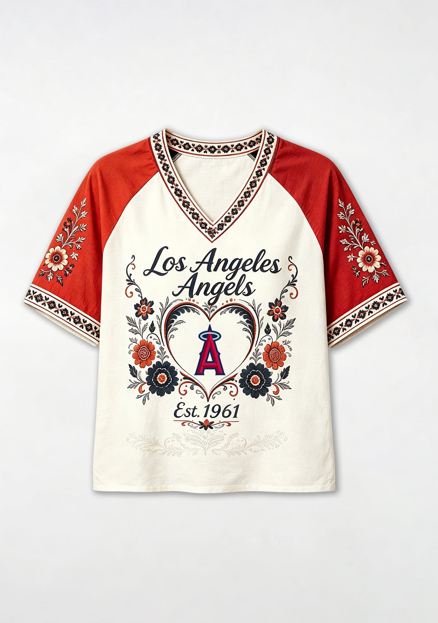 Los Angeles Angels Vintage Floral Heart V‑Neck Raglan V-Neck T-Shirt Secondary image