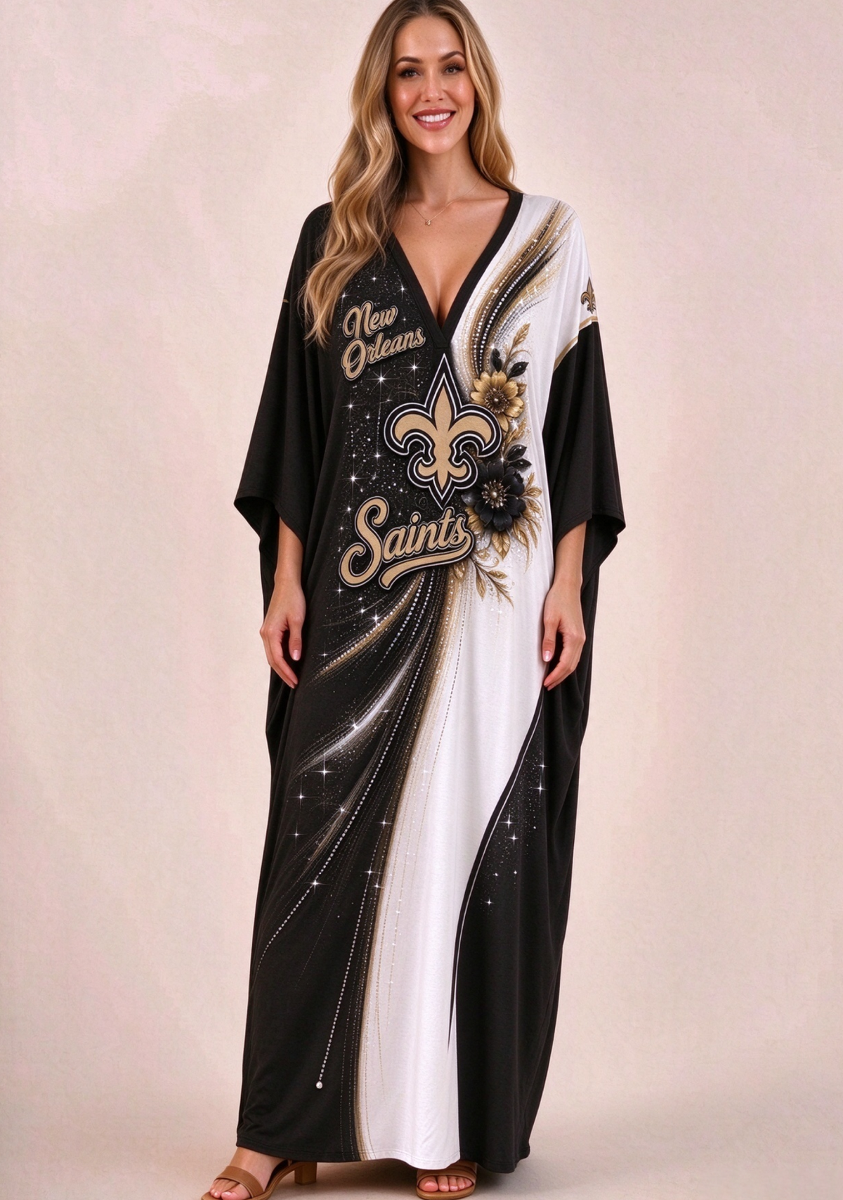 Women's New Orleans Saints Floral V-Neck Kaftan Maxi Dress