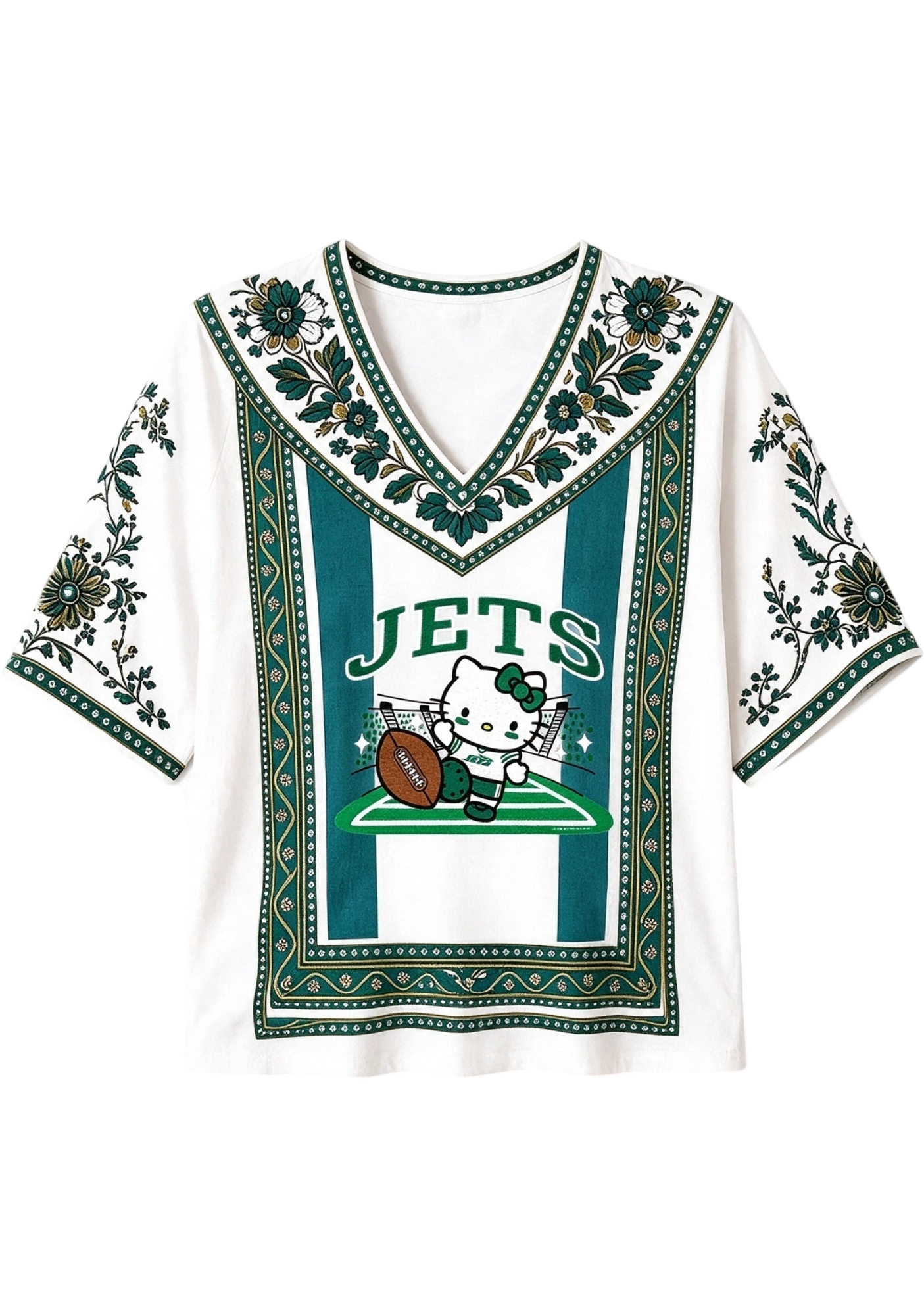 Women's Boho Floral New York Jets Hello Kitty Game Day V Neck Shirt Secondary image
