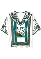 Women's Boho Floral New York Jets Hello Kitty Game Day V Neck Shirt