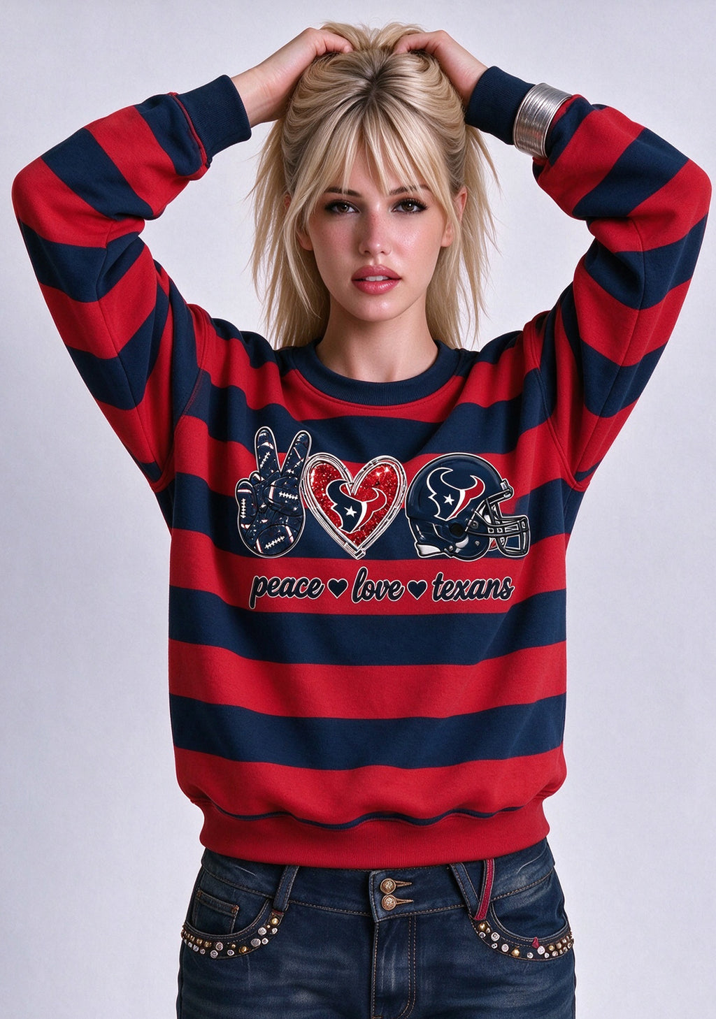 Women's Peace Love Houston Texans Striped Crewneck Sweatshirt