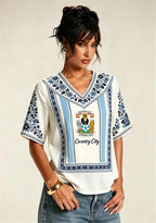Boho Floral Border Coventry City V-Neck Blouse