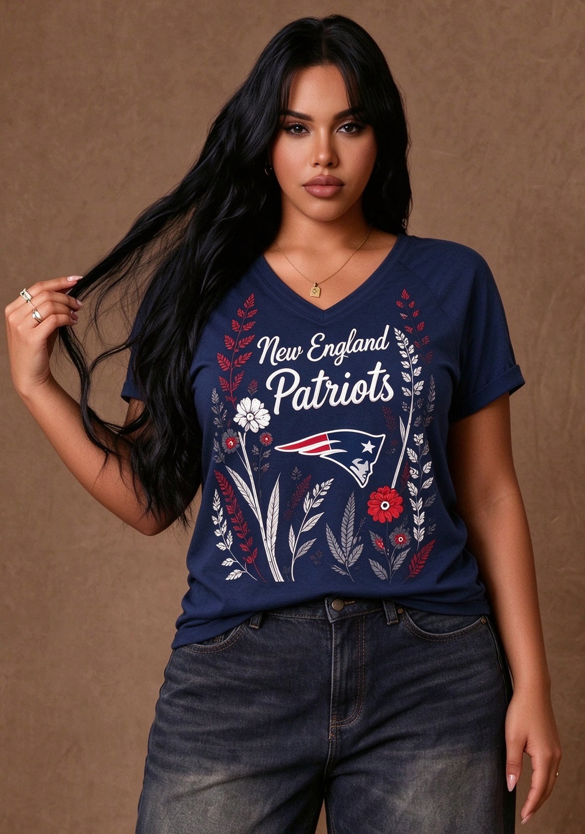 Women's New England Patriots Wildflower Graphic V-Neck Raglan Rolled T-Shirt