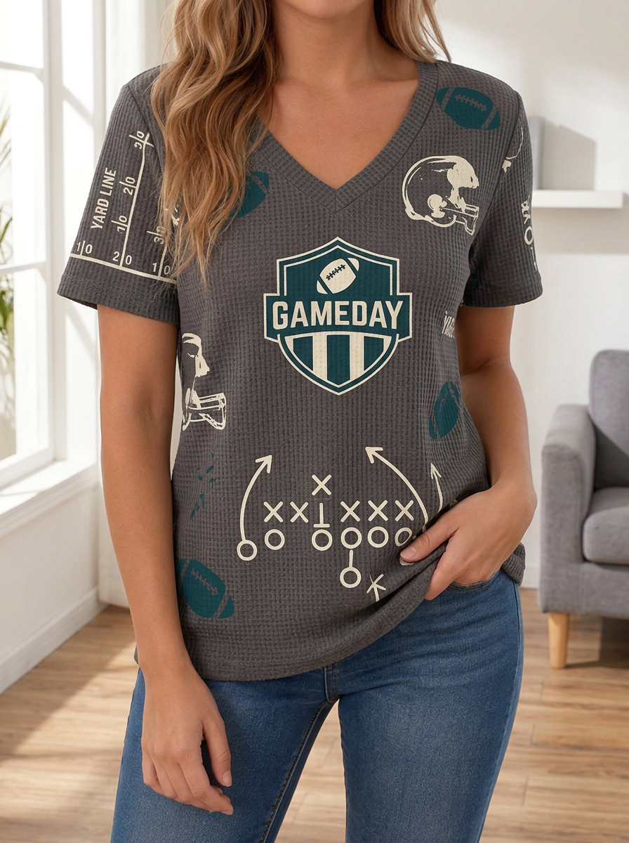 Women's Football Gameday Playbook Pattern Printed Waffle Top Main image