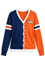 Women's Denver Broncos Color Block Scalloped Trim V-Neck Button Cardigan