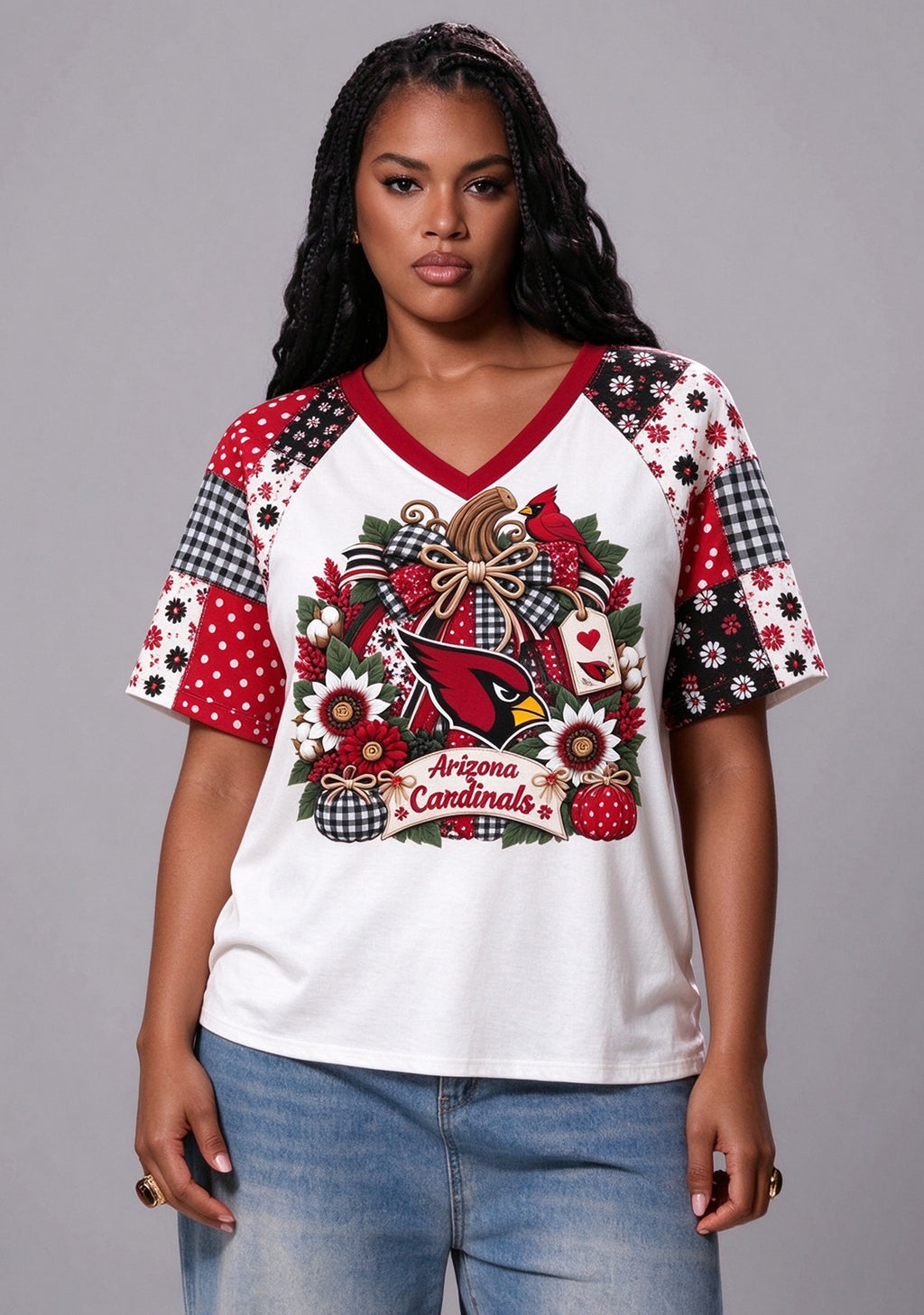 Women's Arizona Cardinals Patchwork Sleeve V-Neck Raglan T-Shirt