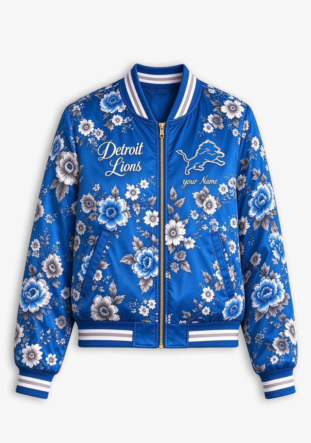 Women Detroit Lions Floral Print Zip Up Jacket Custom Name For Fan