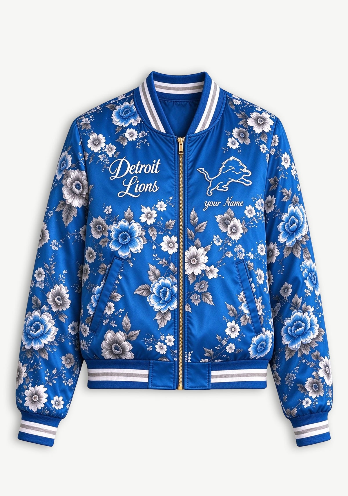 Women Detroit Lions Floral Print Zip Up Jacket Custom Name For Fan