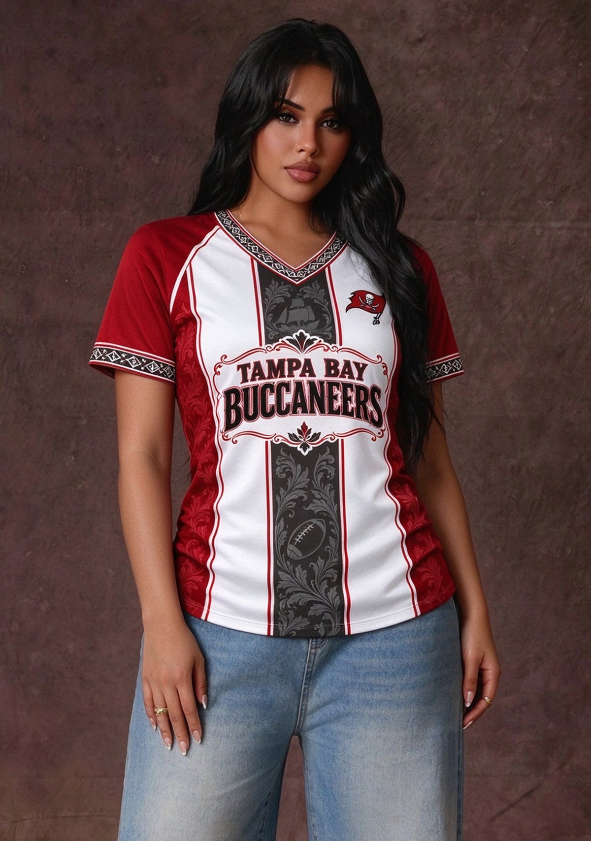 Women's Tampa Bay Buccaneers Floral Baroque Striped V-Neck T-Shirt Main image
