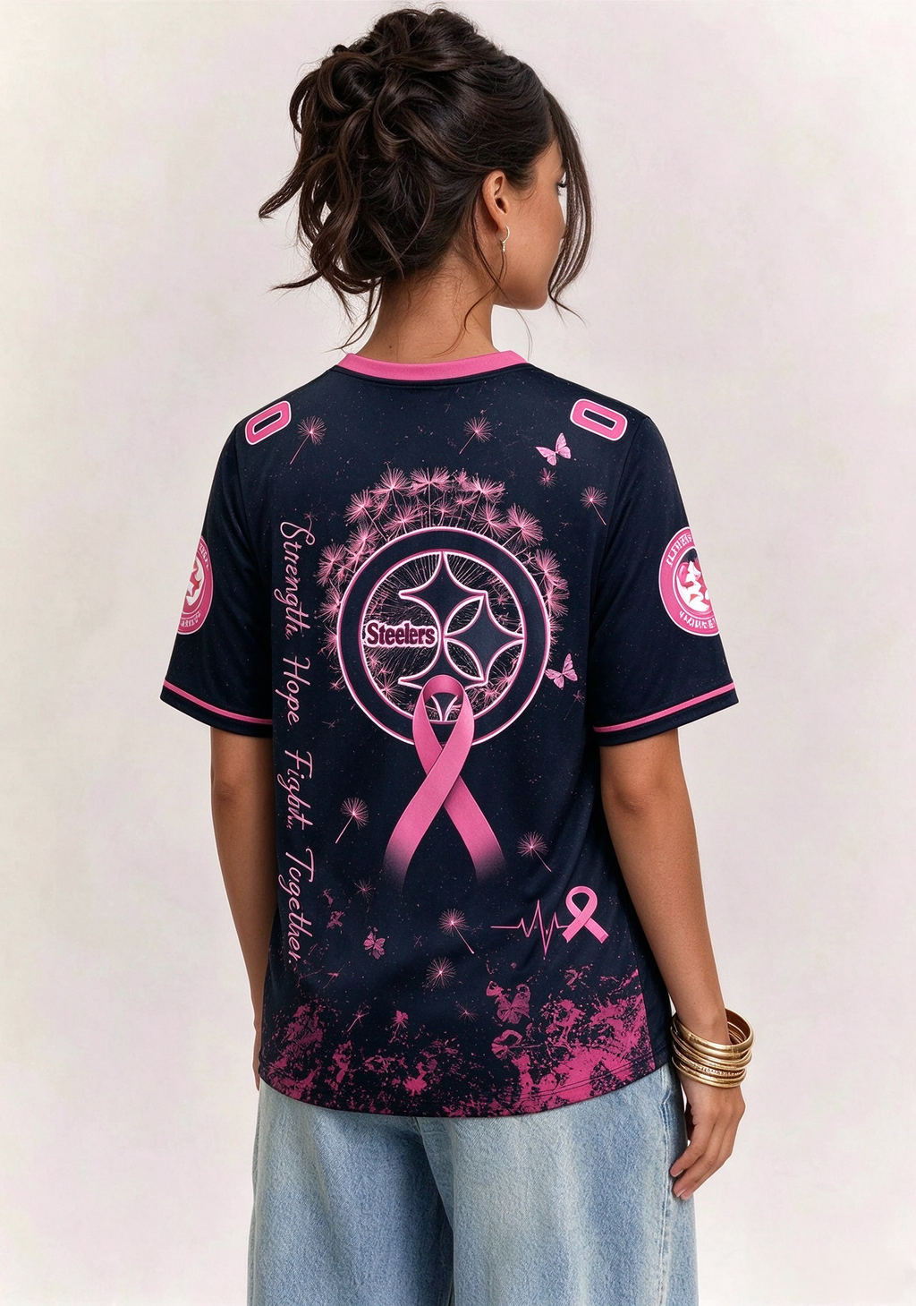 Pittsburgh Steelers Breast Cancer Awareness Dandelion V-Neck T-Shirt