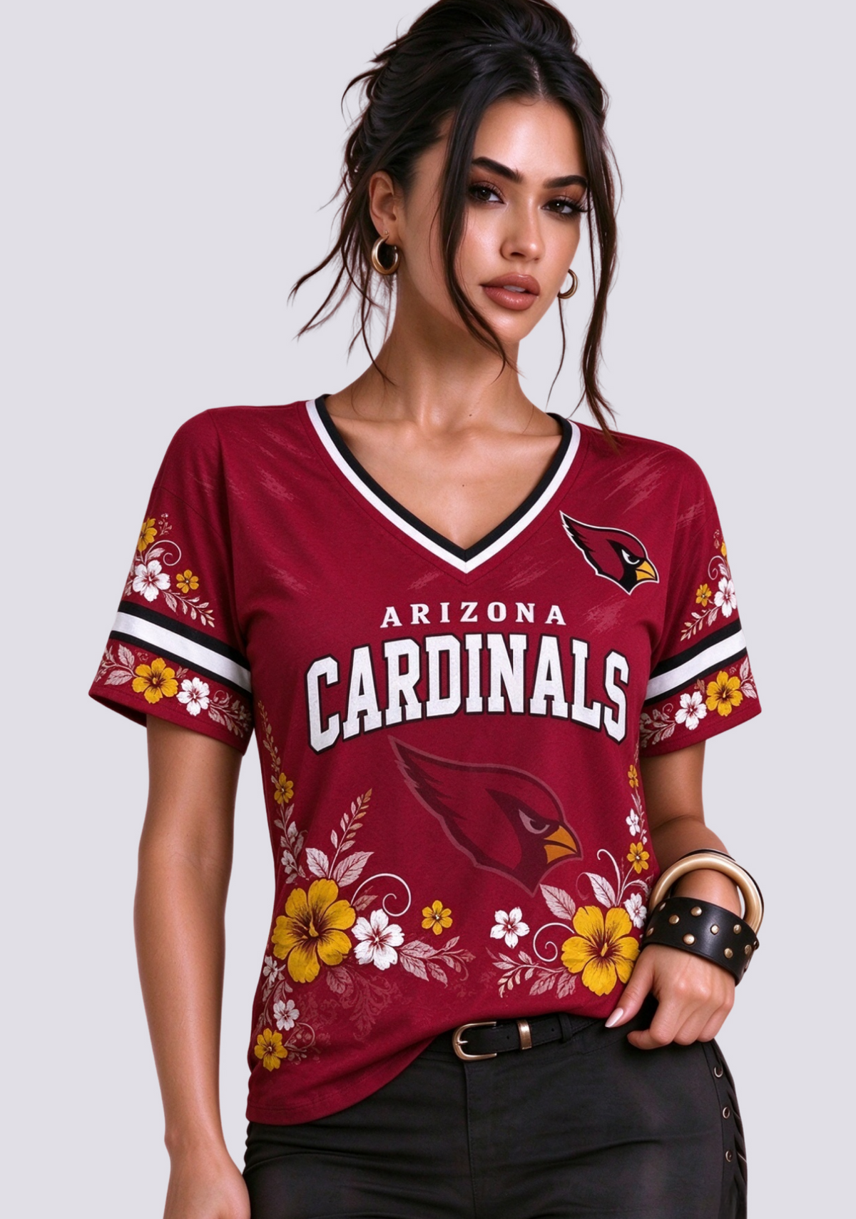 Women's Arizona Cardinals Yellow Floral V-Neck T-Shirt