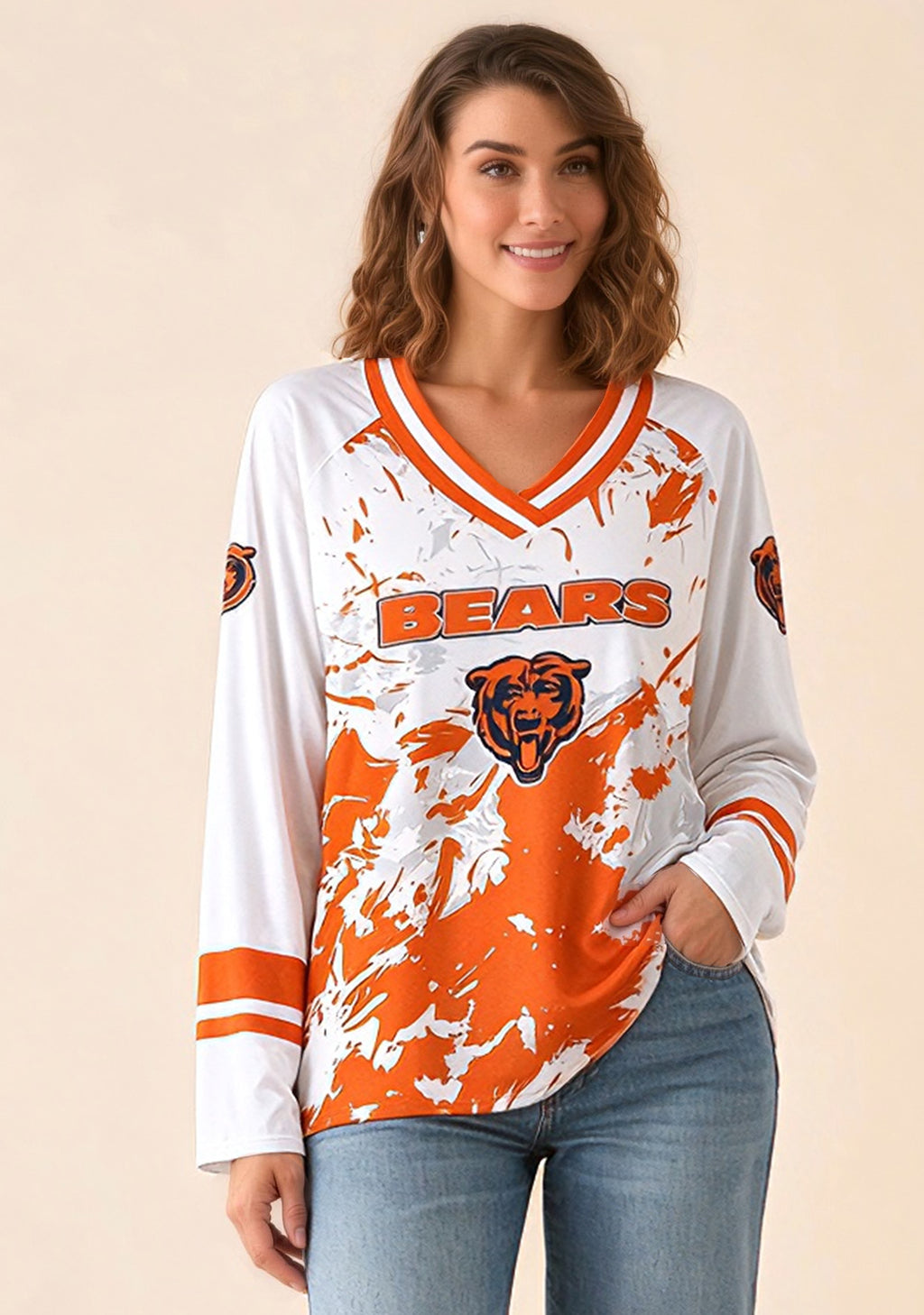 Women's Chicago Bears Graphic V Neck Long Sleeve Shirt