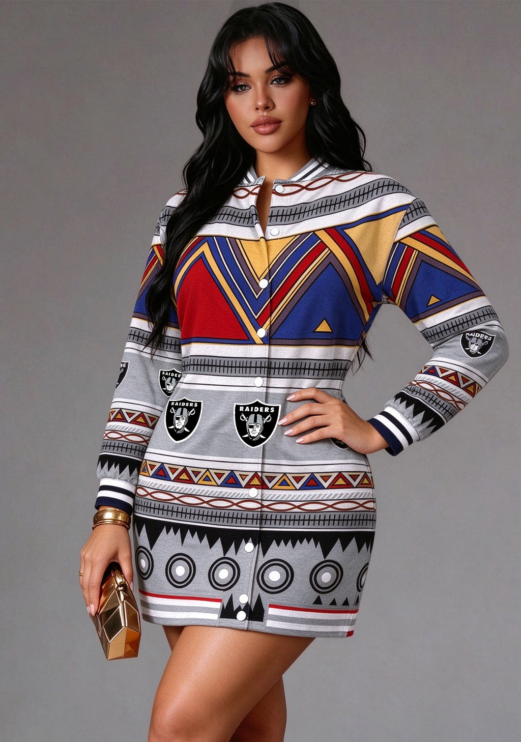 Women's Las Vegas Raiders Tribal Geometric Button Down Jacket Dress