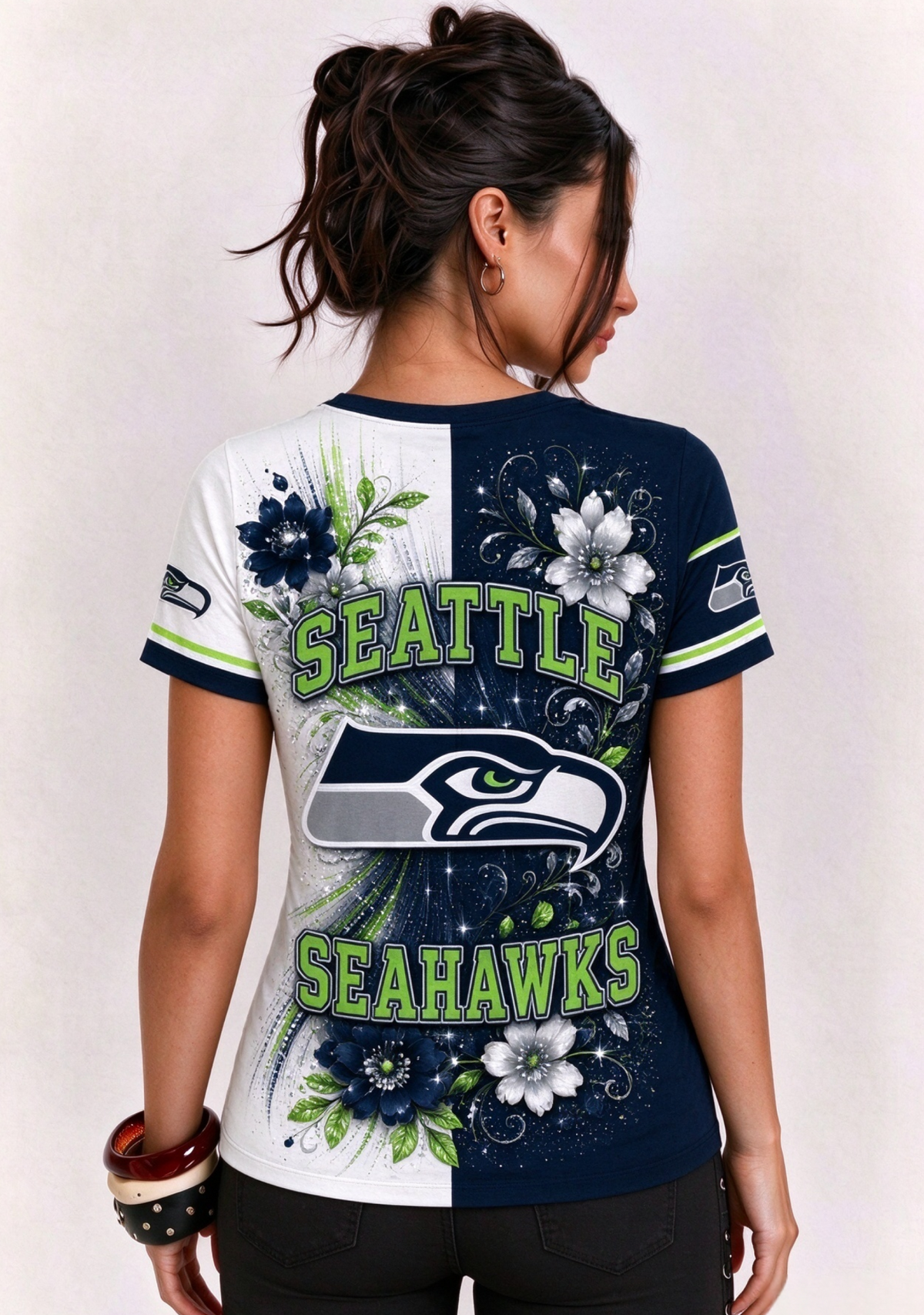 Women Seattle Seahawks Floral Henley T-Shirt